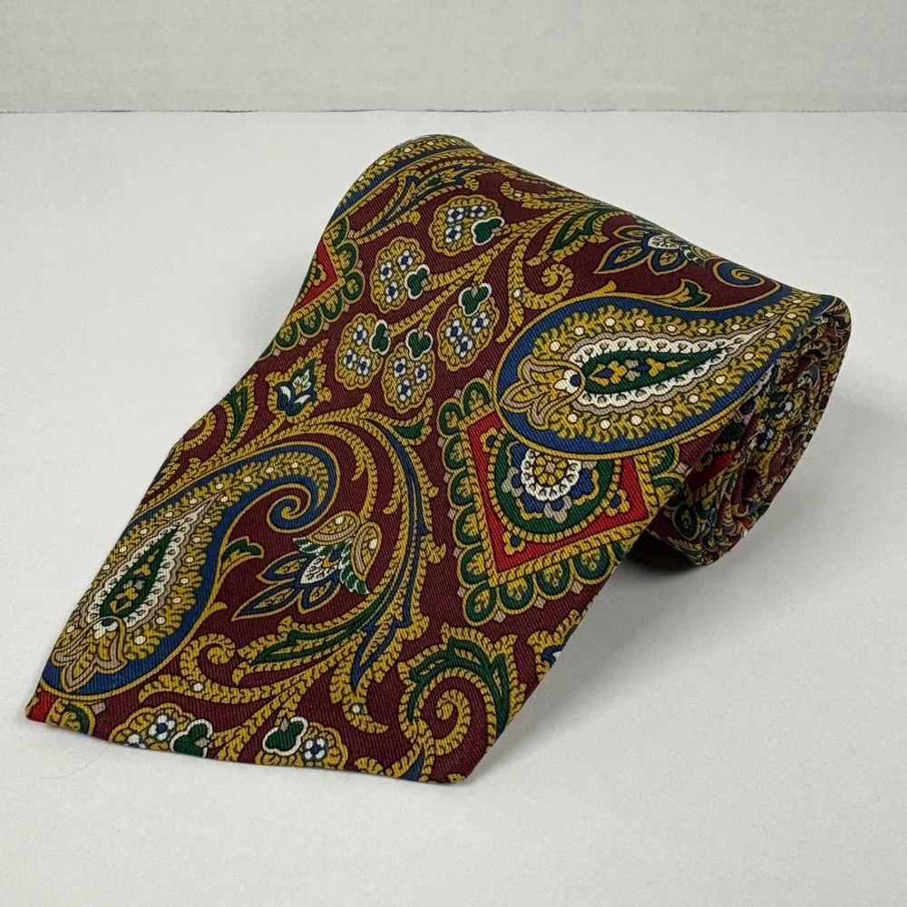 J.Crew Mens Silk Paisley Tie Burgundy Gold Blue Hand Made USA Classic Necktie